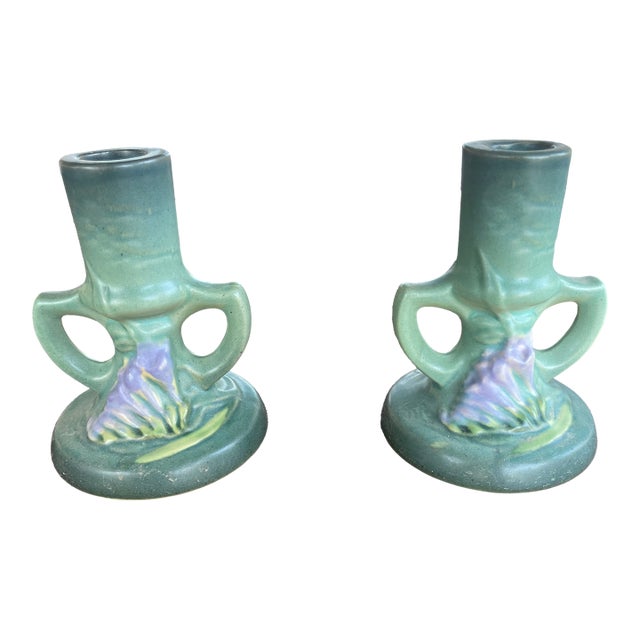 1920s Roseville Freesia Green Candlesticks 1161-4.5 - Pair For Sale