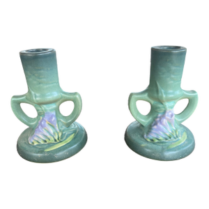 1920s Roseville Freesia Green Candlesticks 1161-4.5 - Pair