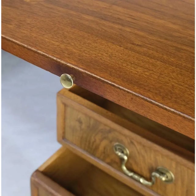 Large Deep Walnut 9 Drawers Partners Style Antique Desk Brass Pulls Table For Sale - Image 12 of 13
