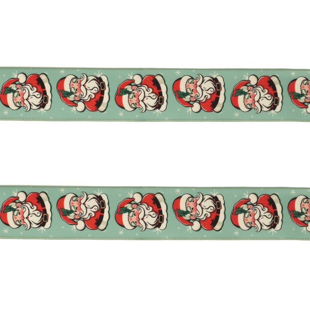 Contemporary Nostalgic Santa Print Wired Ribbon (Set of 2) For Sale - Image 3 of 3
