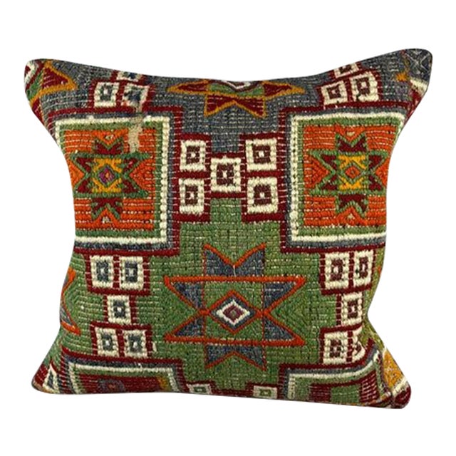 20 x 20 Kilim Pillow Turkish Cushion Natural Green Blue Pillow Cushion Cover For Sale