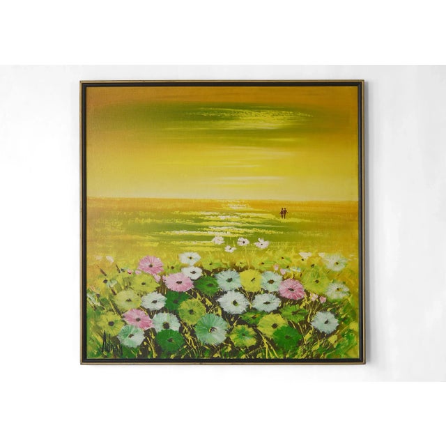 Vintage 1970s Lovers in the Flower Field Landscape Painting For Sale - Image 11 of 11
