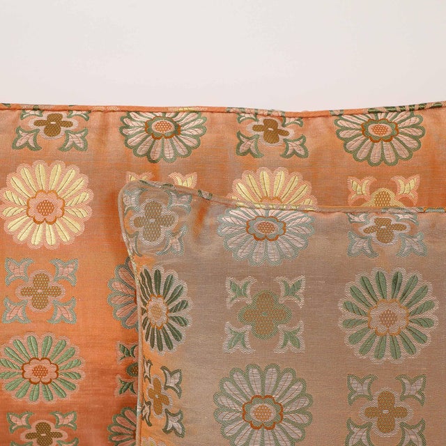 This lovely Pair of Silk & Down Stuffed Pillows in Orange & Emerald Green W/ Eastern Patterning originates from the United...