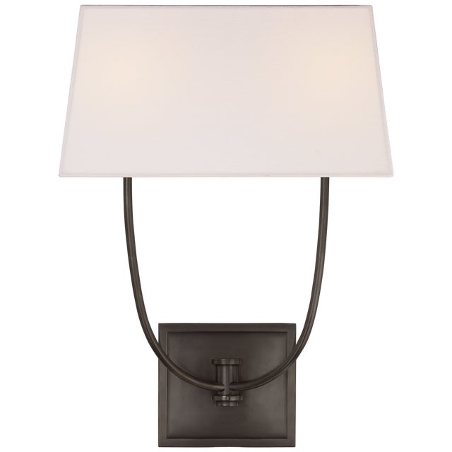 Modern Chapman & Myers for Visual Comfort Signature Venini Double Sconce in Bronze with Linen Shade For Sale - Image 3 of 4