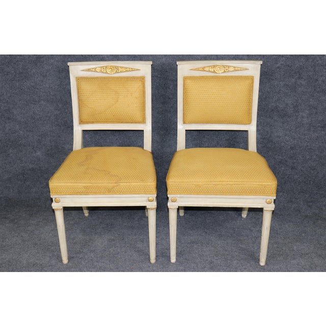 1950's Set 10 Louis XVI French Empire Style Painted Parcel Gilt Dining Chairs For Sale - Image 4 of 13