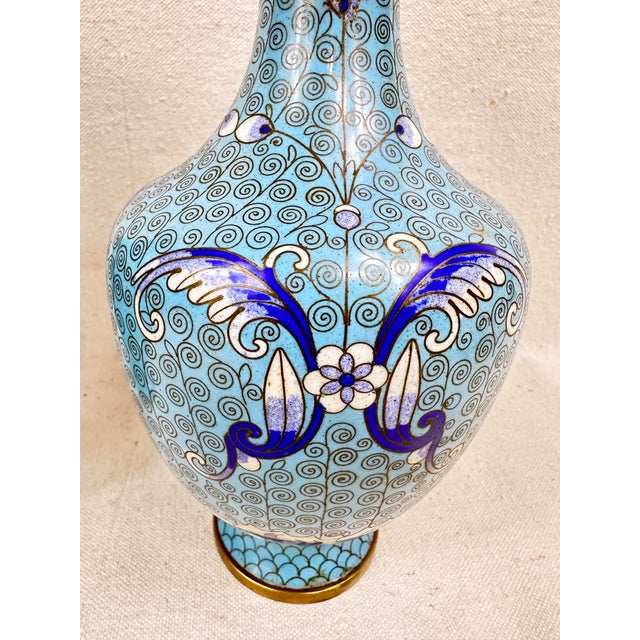 Mid-20th Century Chinese Blue & White Cloisonné Brass Vases - A Pair For Sale - Image 4 of 8