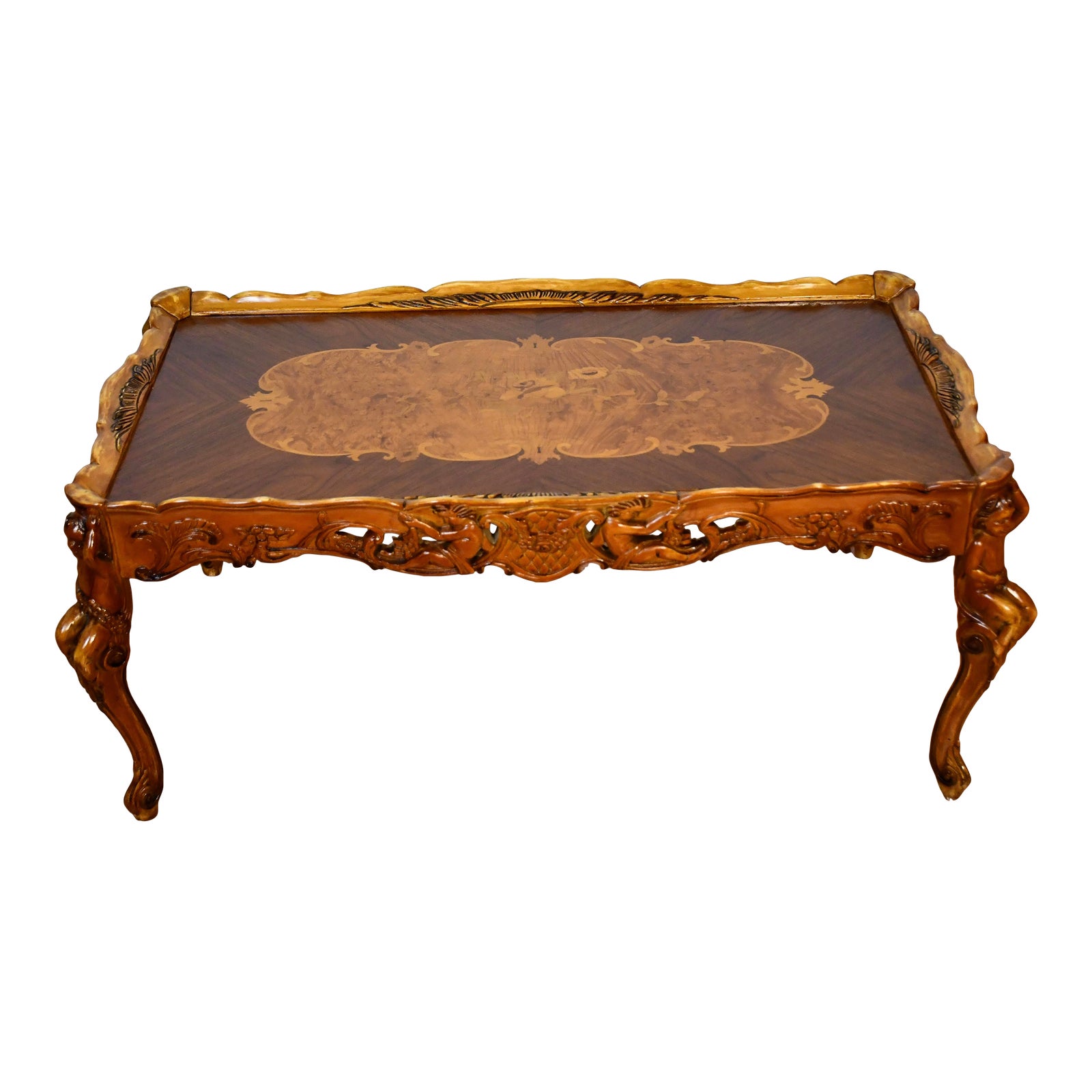 1930 French Walnut & Satinwood Inlay Carved Cherubs Hand Painted