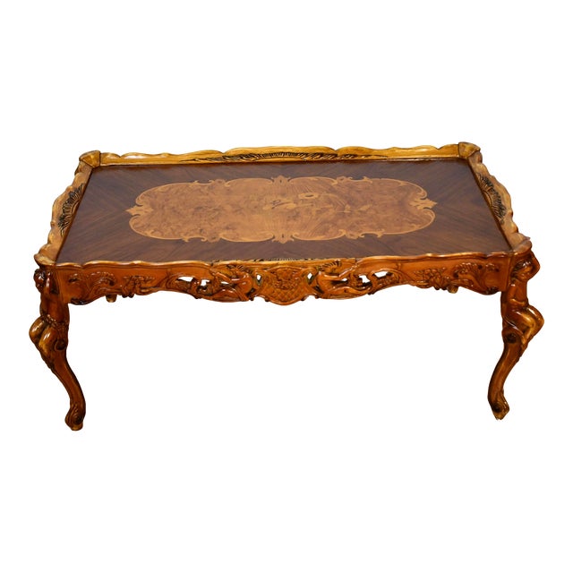 1930 French Walnut & Satinwood Inlay Carved Cherubs Hand Painted Coffee Table For Sale