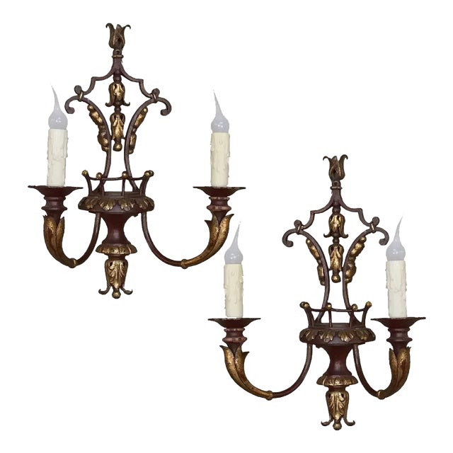 Pair of Antique Italian Wrought Iron and Painted Wood Sconces For Sale