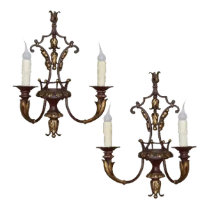Pair of Antique Italian Wrought Iron and Painted Wood Sconces