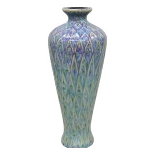 20th C. Mid Century Modern Ceramic Pottery Glazed Feather Pulled 20" Purple Blue Vase For Sale