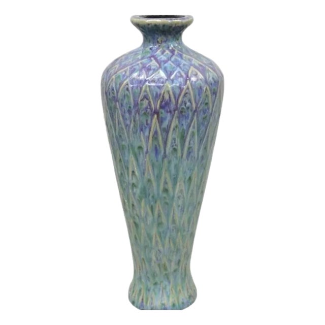 20th C. Mid Century Modern Ceramic Pottery Glazed Feather Pulled 20" Purple Blue Vase For Sale