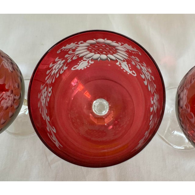 Burgundy Late 19th Century Bohemian Floral Etched Cranberry Iridescent Glass Goblets, Set of 6 For Sale - Image 8 of 12