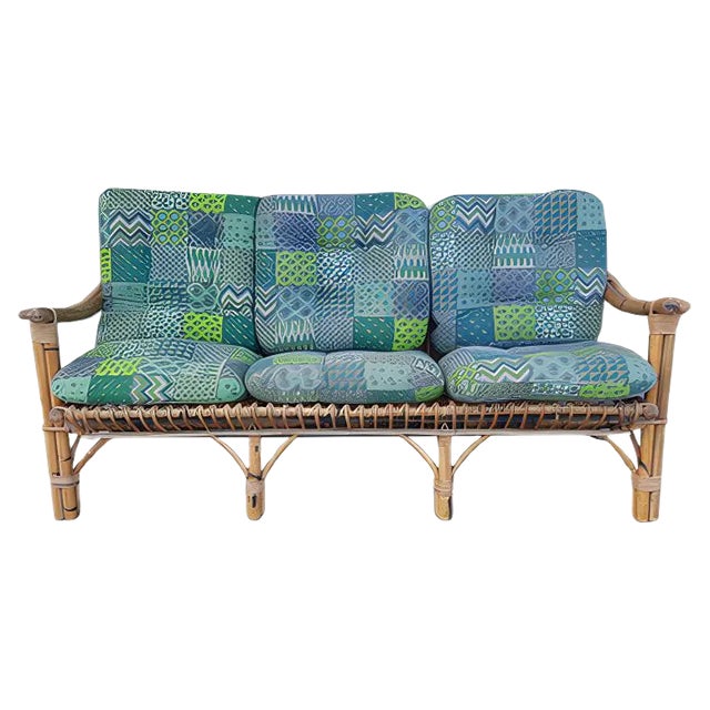 Three-Seater Sofa in Rattan with Original Cushions, 1950s For Sale