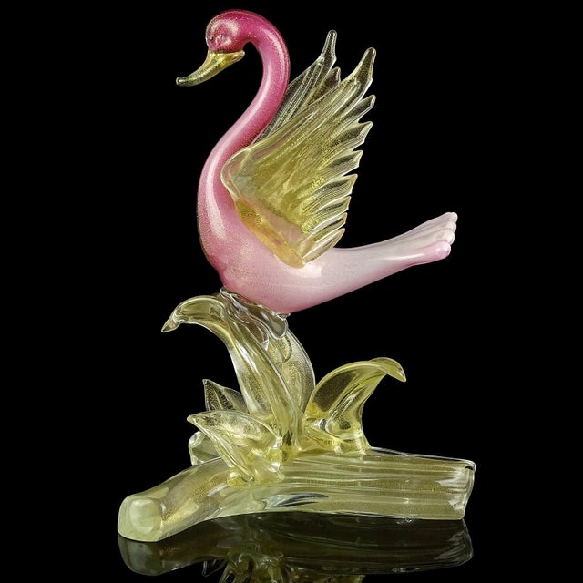 Mid 20th Century Vintage Murano Salviati Dark Pink White Gold Flecks Italian Art Glass Flying Bird Duck Sculpture For Sale - Image 5 of 7
