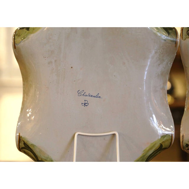 Pair 19th C. French Quimper Porquier-Beau Faience Wall Platters With Figures For Sale - Image 11 of 12