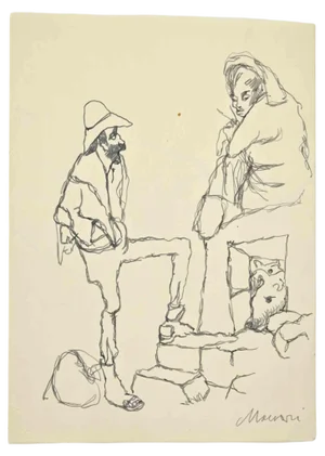 Mino Maccari, Prisoners, Ink Drawing in Ink, 1960s