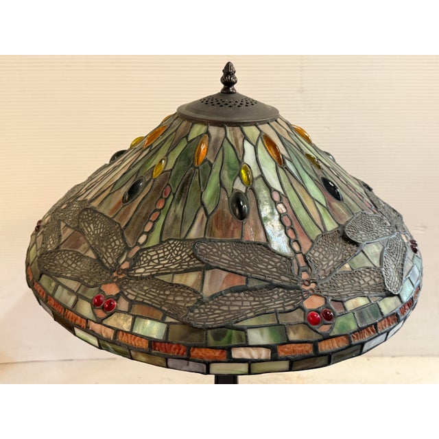 Mid 20th Century Tiffany Style Dragonfly Stained Glass Lamp For Sale In New York - Image 6 of 10