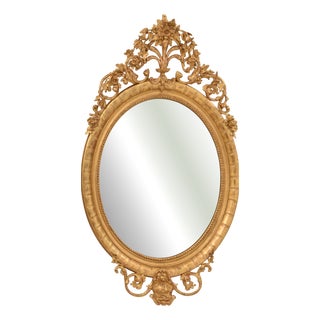Large Antique Round Gilt Wall Mirror with Flowers and Scrolls, 19th Century For Sale