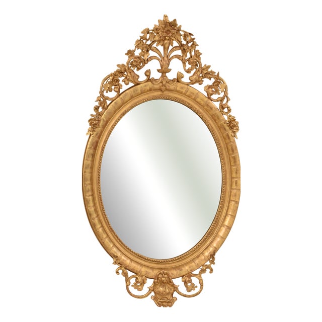 Large Antique Round Gilt Wall Mirror with Flowers and Scrolls, 19th Century For Sale