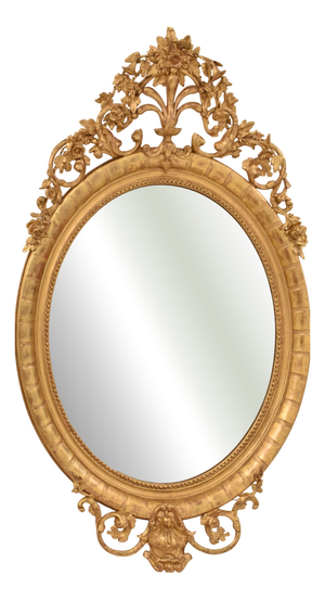 Large Antique Round Gilt Wall Mirror with Flowers and Scrolls, 19th Century