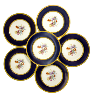 1920s Royal Bavarian Hutschenreuther Antique Dinner Plates for China Cabinet 22kt Gold Art Deco - Cobalt Blue & Gold Floral Plates- Set of 6