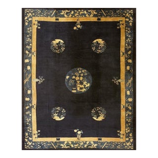Early 20th Century Navy Bird Vase Deco Traditional Chinese Peking Rug 10'x12' 6" For Sale
