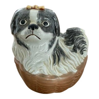 Vintage Chinese Pekingese or Shih Tzu Pup in a Basket Dog Fugurine For Sale