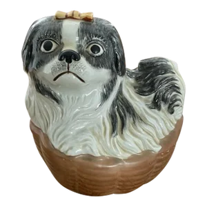 Vintage Chinese Pekingese or Shih Tzu Pup in a Basket Dog Fugurine