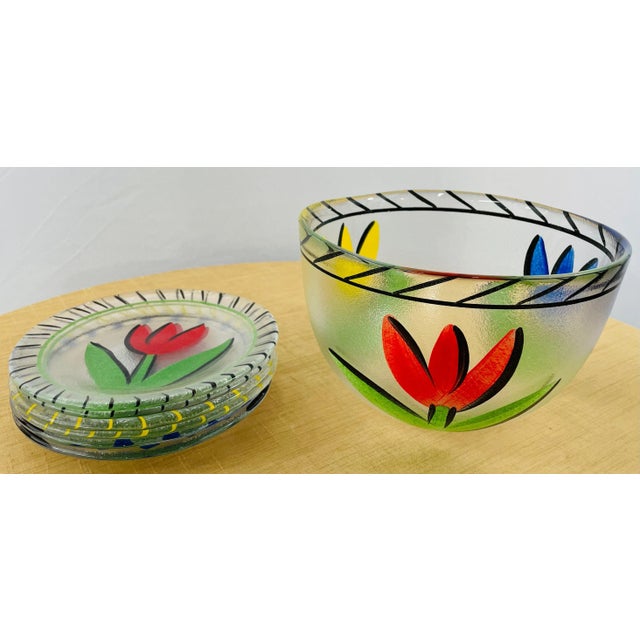 Boho Chic Hand Painted Tulip Design Bowl and Matching Plates, a Set 7 For Sale - Image 11 of 11