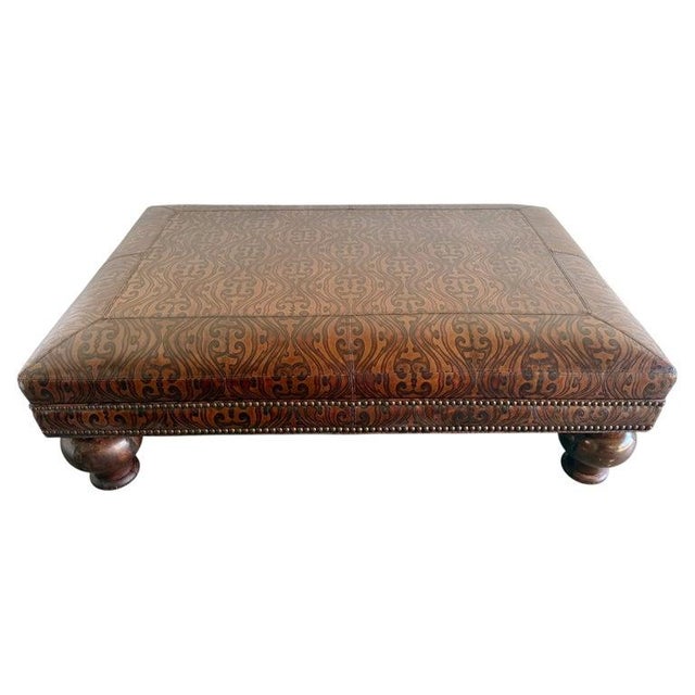 Spanish Spanish Colonial Style Embossed Leather Ottoman With Bun Feet For Sale - Image 3 of 12