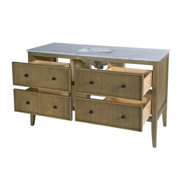 Spritely Home Accent Furniture Bristol 60 in. W Marble and Wood 4 Drawer Ribbed Bathroom Vanity, Medium Oak For Sale - Image 4 of 9