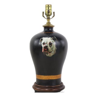 Vintage Black Tole Table Lamp With Hand Painted English Bulldog Portrait and Gold Leaf Accents For Sale