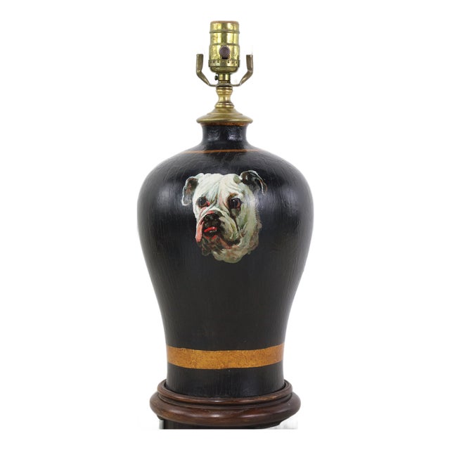 Vintage Black Tole Table Lamp With Hand Painted English Bulldog Portrait and Gold Leaf Accents For Sale