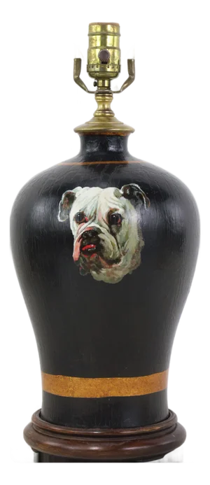 Vintage Black Tole Table Lamp With Hand Painted English Bulldog Portrait and Gold Leaf Accents