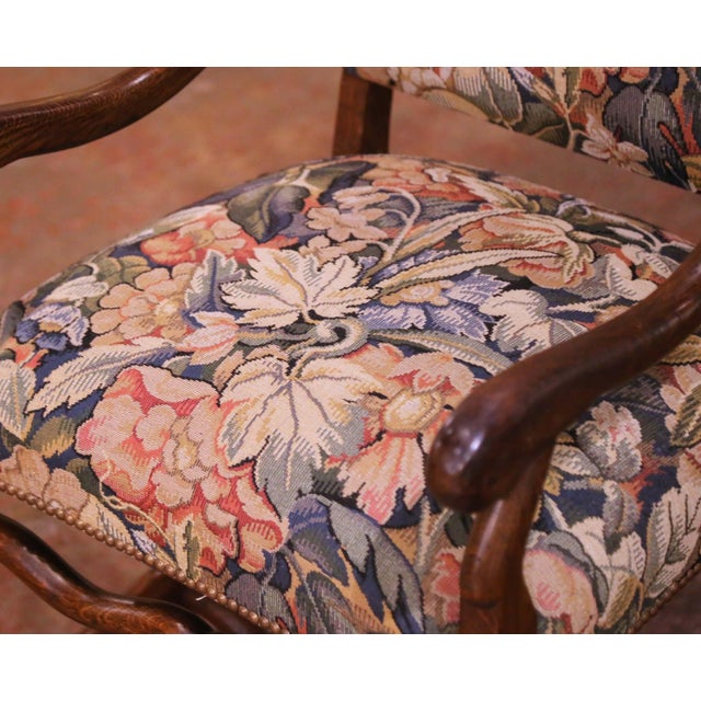 Late 20th Century Louis XIII Style Oak Dining Room Armchairs With Tapestry Upholstery, Set of 12 For Sale - Image 5 of 10
