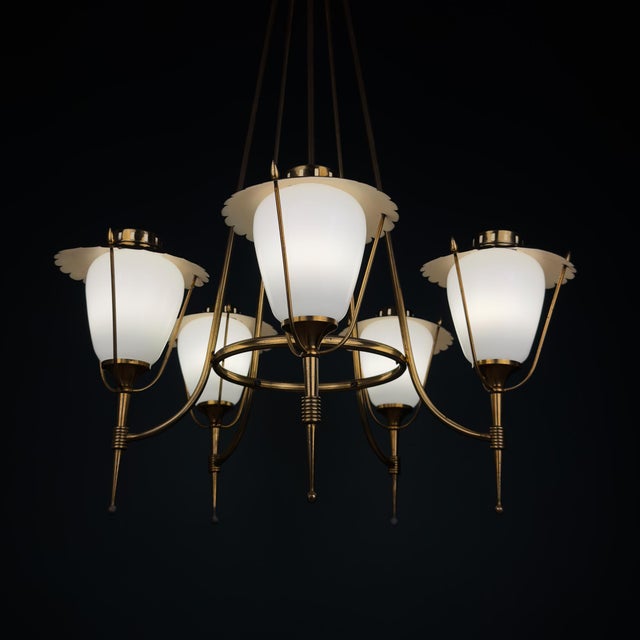 Vintage Art Deco Glass and Brass Chandelier from Maison Arlus, France 1950s For Sale - Image 9 of 18