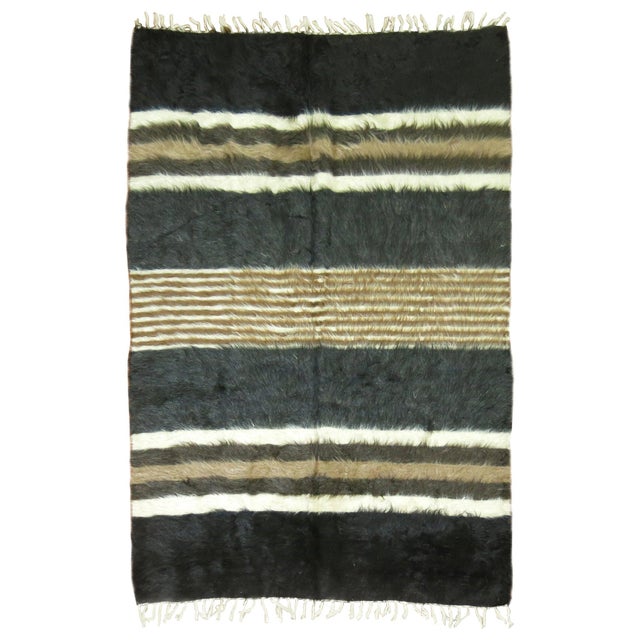 A vintage Turkish mohair rug in black, brown, gray and ivory accents with a Mid-Century Modern organic feel, circa third...