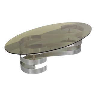 Vintage Oval Coffee Table in Smoked Glass and Chrome Metal from the 1970s For Sale