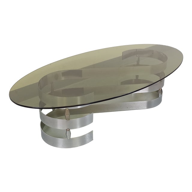 Vintage Oval Coffee Table in Smoked Glass and Chrome Metal from the 1970s For Sale