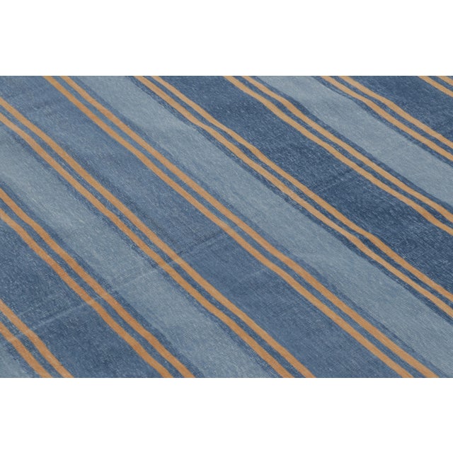2010s Rug & Kilim’s Indian Dhurrie Rug in Slate Blue and Ochre Stripes For Sale - Image 5 of 9