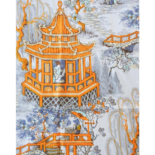 Mid 20th century cotton sample of orange and gray chinoiserie with pagoda fabric sample. Herschell's Fabric tag, drapery...
