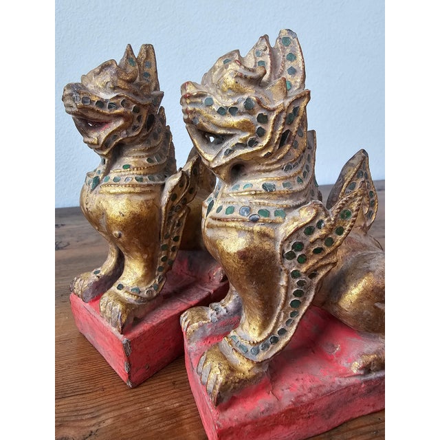 Antique Southeast Asian Burmese Glass Jewel Inlaid Qilin Foo Dog Lion Figure Carvings - a Pair For Sale - Image 11 of 12
