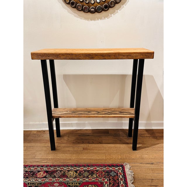 Vintage console or bar table made in Chicago with salvaged materials including oak and raw steel.