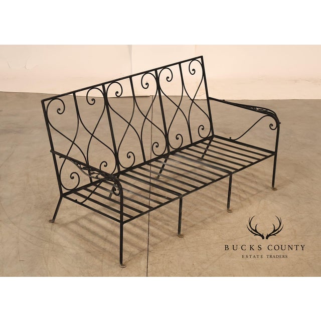 High Quality Vintage Wrought Iron Outdoor Bench or Sofa with Repeating Heart-Form Scrollwork Backrest and Ivy Motif...