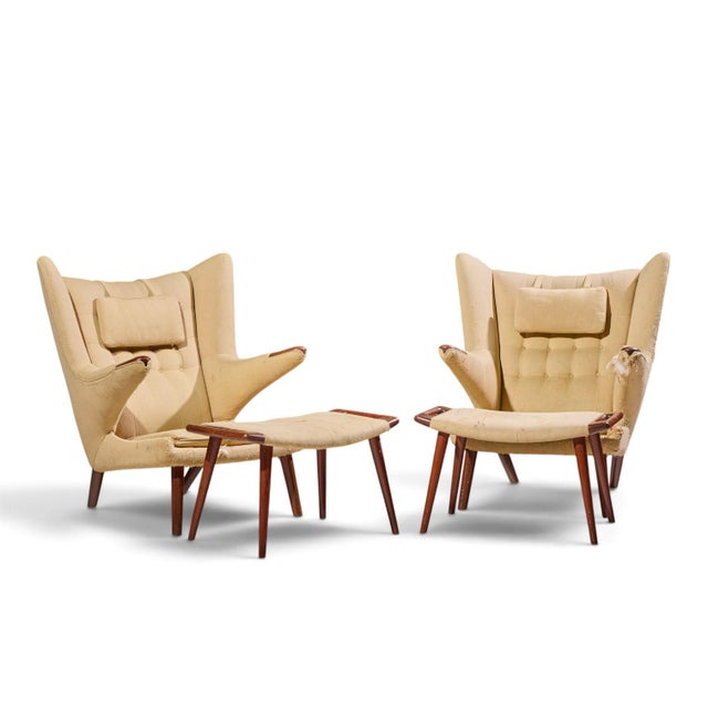 Hans Wegner for AP Stolen AP19 Mid Century Papa Bear Chair and Ottoman - Pair Each chair measures: 35.25 wide x 35 deep x...