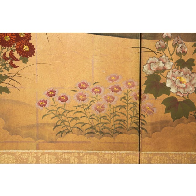 "Flowers of the Four Seasons", 1970s Showa Era Japanese Painted Byobu Screen For Sale - Image 11 of 18