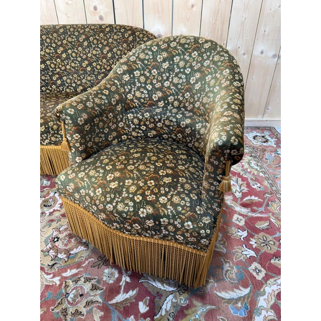 Toadstool Lounge Chair and Sofa in Floral Fabric and Gold Trimmings, 1890s, Set of 3 For Sale - Image 4 of 8