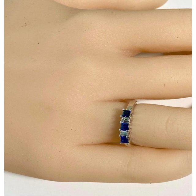 Metal Exquisite Vintage Platinum Ring Emerald-Cut Diamonds Princess-Cut Sapphires, Size 5.5 For Sale - Image 7 of 8