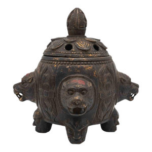 Late Qing Bronze Tripod Censer With Tiger-Head Masks and Pierced Lid